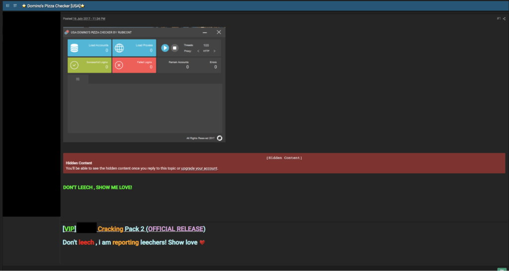 Image 2: Screenshot of member of a cracking forum advertising a custom account checker for Dominos Pizza.