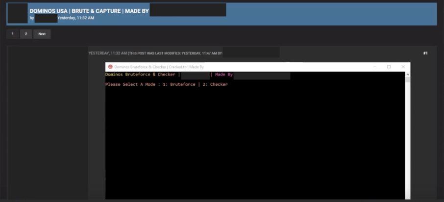 Figure 4: Screenshot of a custom brute forcing tool for the Dominos app on a cracking forum.