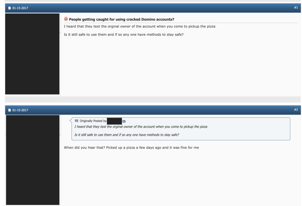 Figure 5: Pizza fraudster expresses fears that original account holders will be notified.