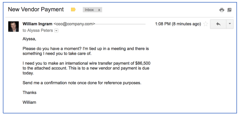 Example of an e-mail used to commit CEO fraud.