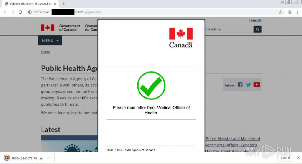 The COVID-19 scam website directs victims to download a malicious file: “Please read letter from Medical Officer of Health.” Instead, the file contains a malicious executable.
