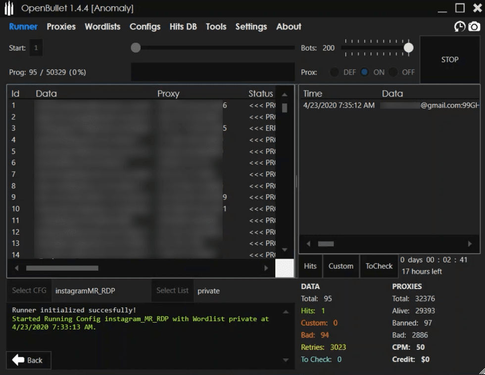OpenBullet with an Instagram config loaded