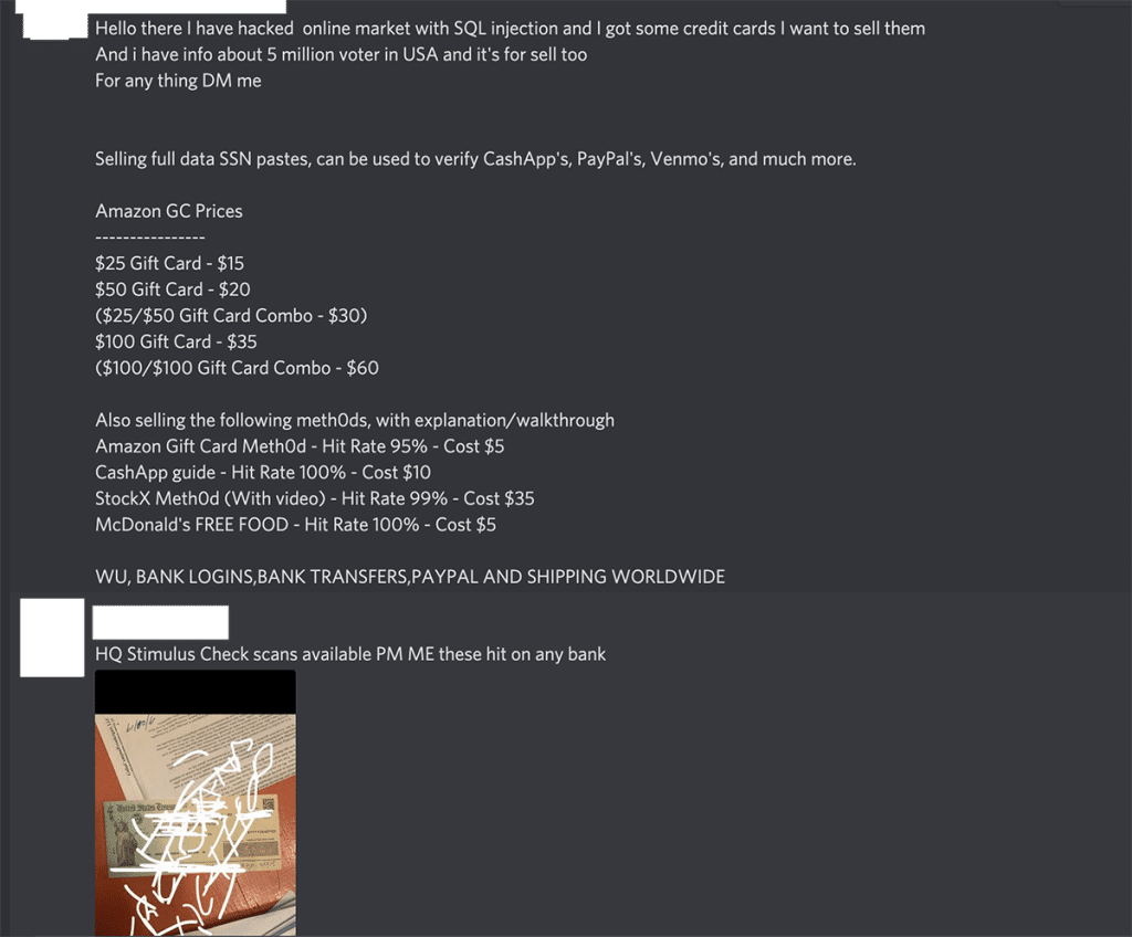 A screenshot of darknet vendors advertising their business on a darknet-themed Discord server.