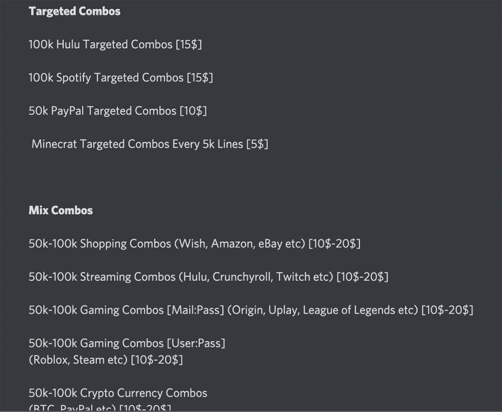 Screenshot of an advertisement for targeted combolists for popular services such as Hulu, PayPal, Spotify, Minecraft, and others. This screenshot was taken from a cracking Discord channel.