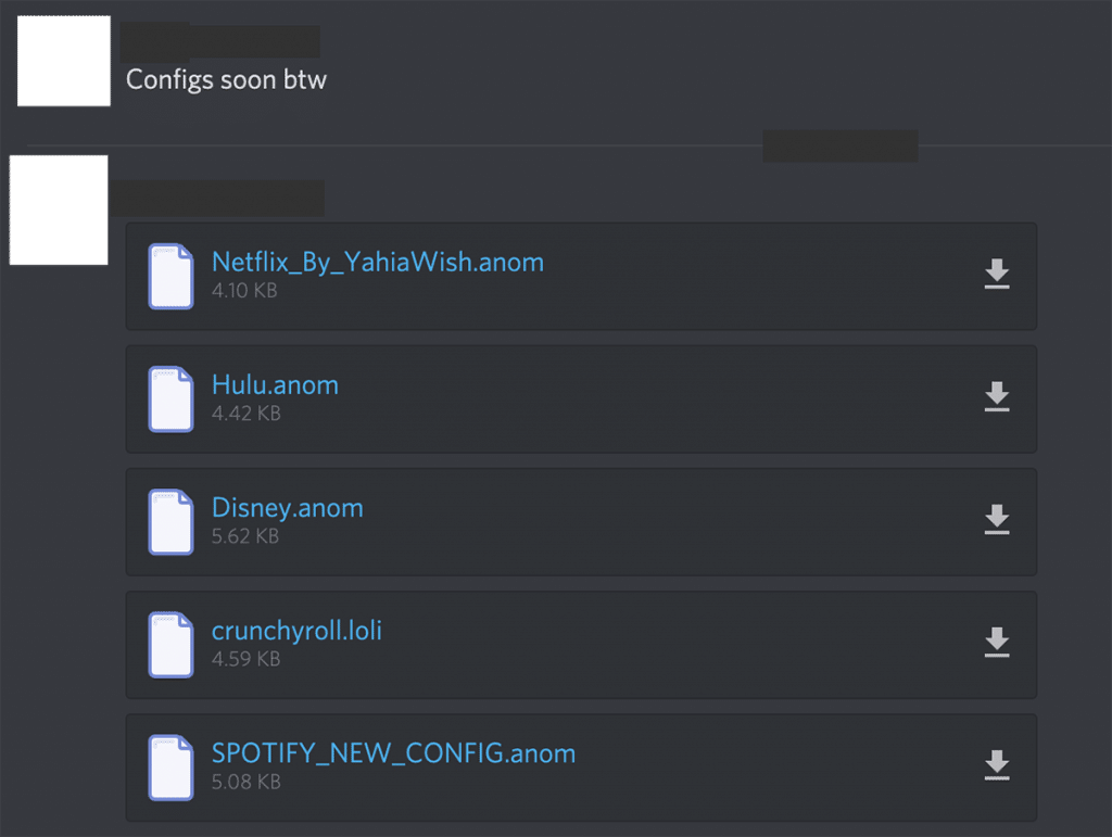 Configuration files posted to a cracking Discord server for services such as Hulu, Disney, and Netflix.