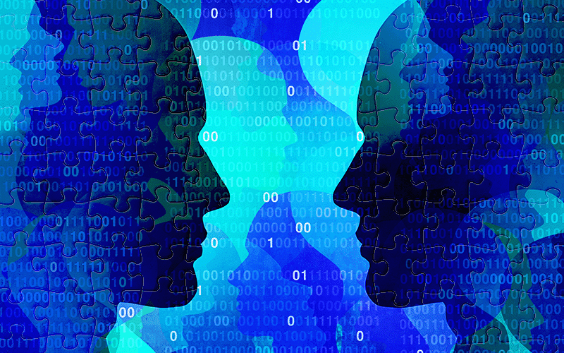 Two dark blue silhouettes with puzzle pieces etched within facing each other amongst 1s and 0s