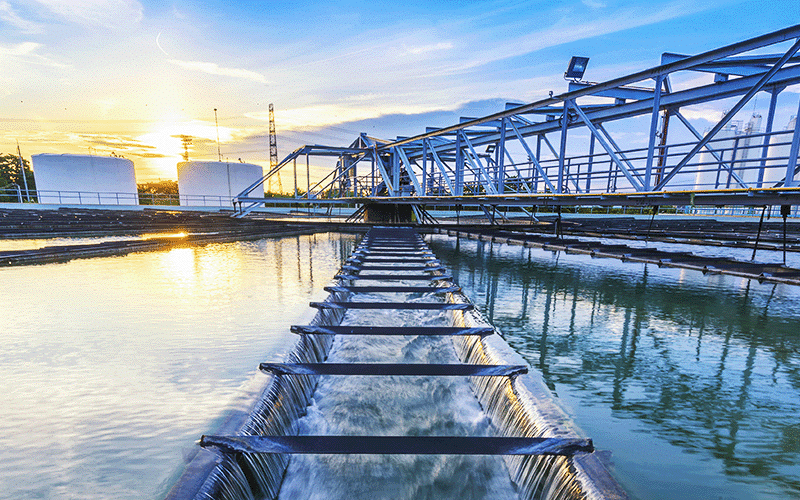 Sunset over a water treatment plant