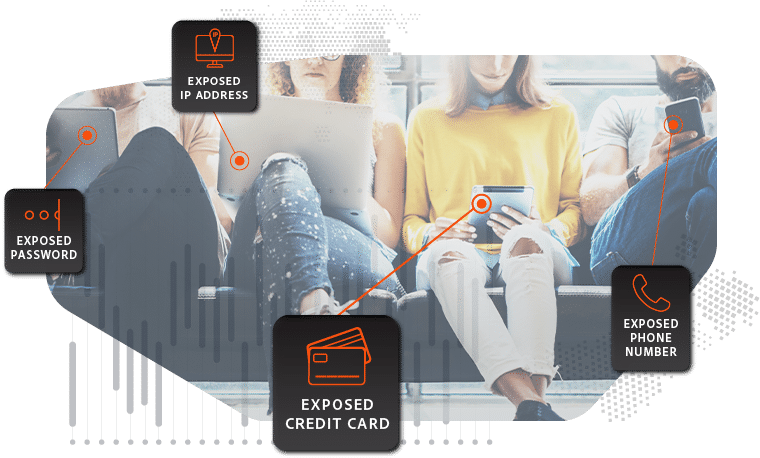 Multiple people sitting on couch with various devices with graphical highlights of exposed data