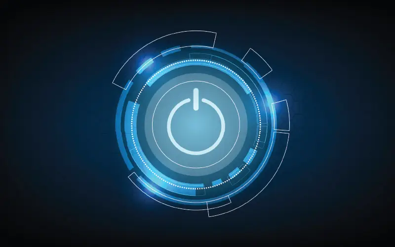 blue power button illuminated on black background