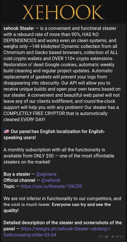A Xehook stealer sales post on Telegram