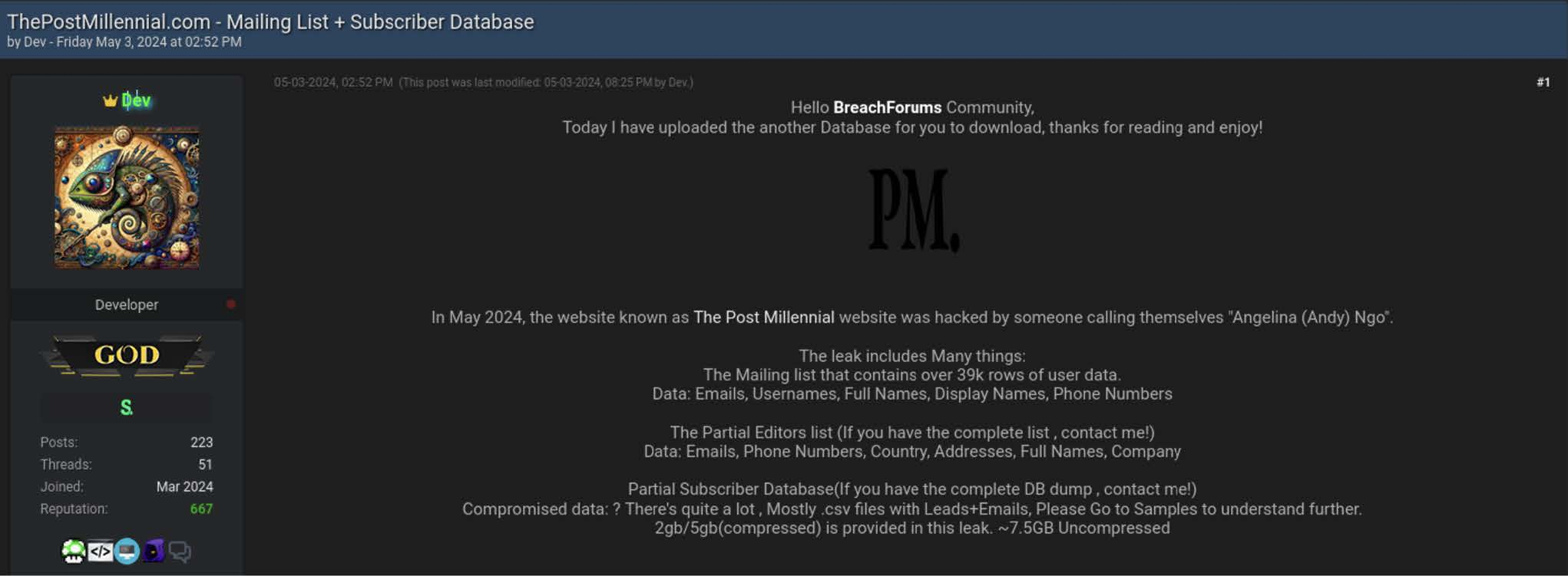 The data was re-posted to BreachForums