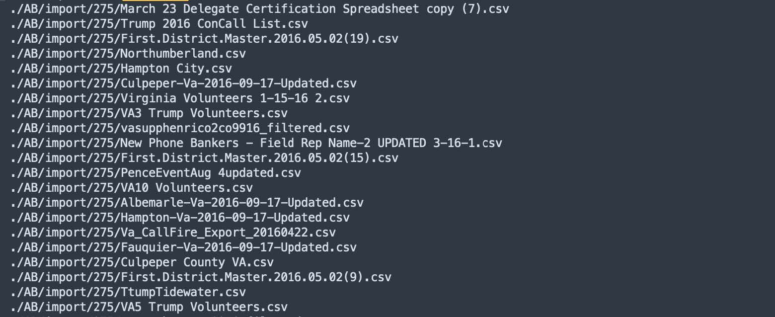 Filenames from the ‘Mailing Lists’ database showing political campaign volunteers and phone bankers.