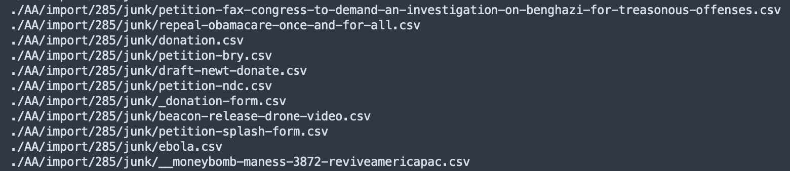Filenames from the ‘Mailing Lists’ database showing signatories to political petitions and political donors.