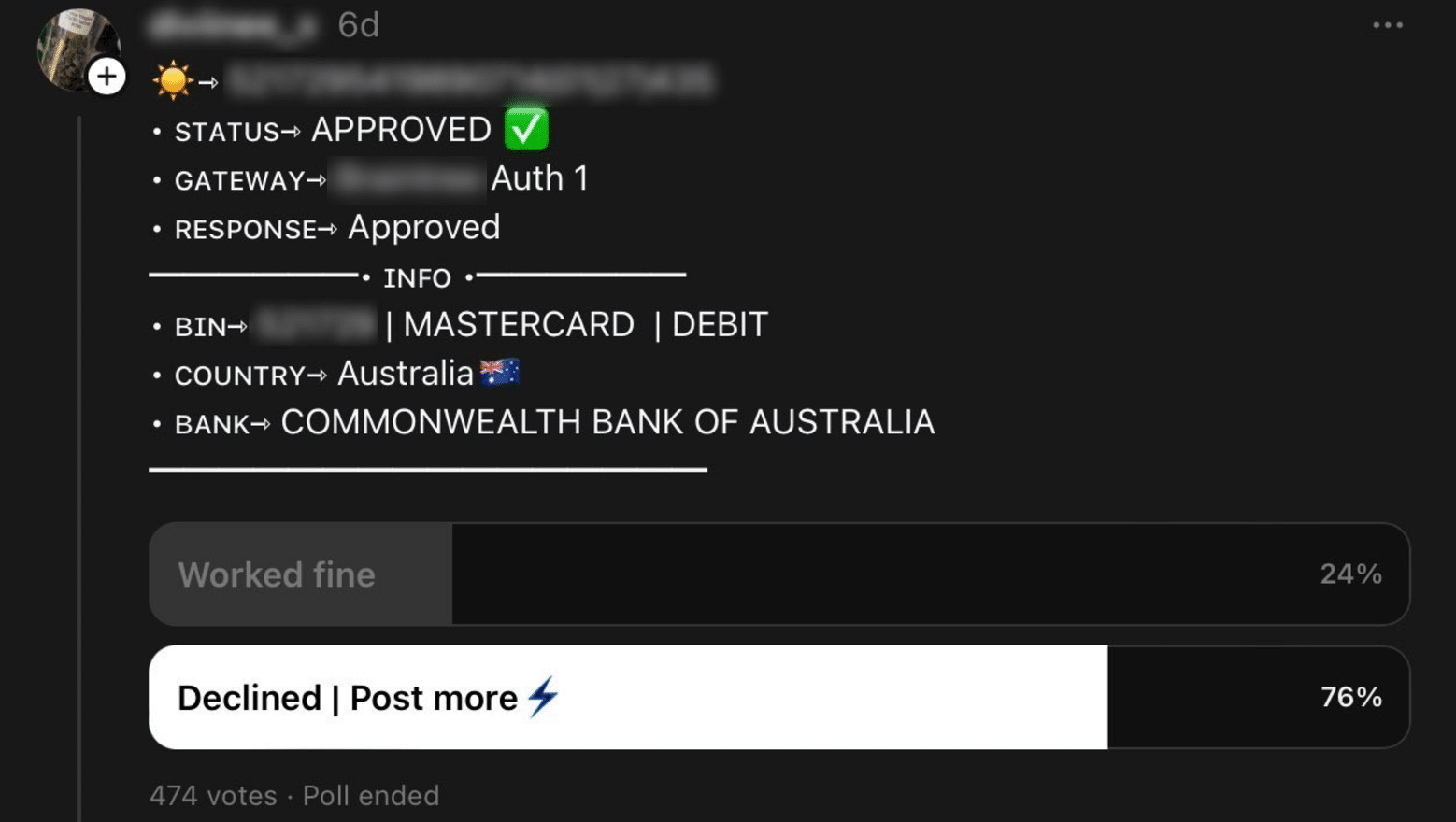 Threads post containing detailed financial card information, including what appears to be an account balance or credit limit.