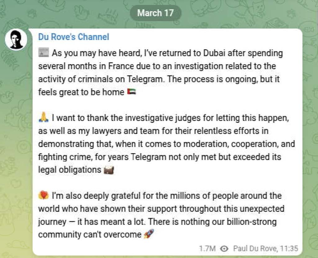 Image 2: Telegram post by Pavel Durov stating that he has been allowed to return to Dubai by French authorities