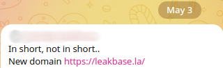 Telegram message about new LeakBase domain