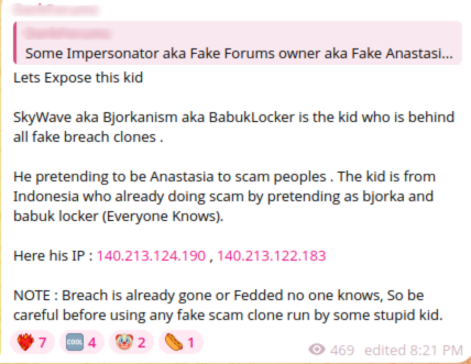 Telegram user warning others about a “Fake Anastasia”