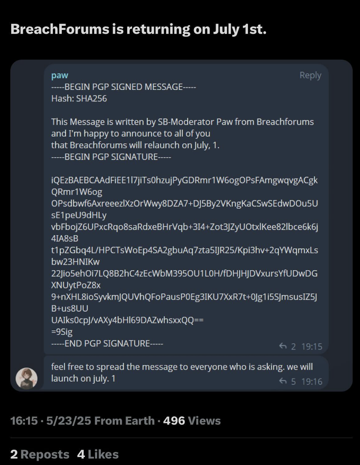 a screenshot of an announcement by ‘paw’