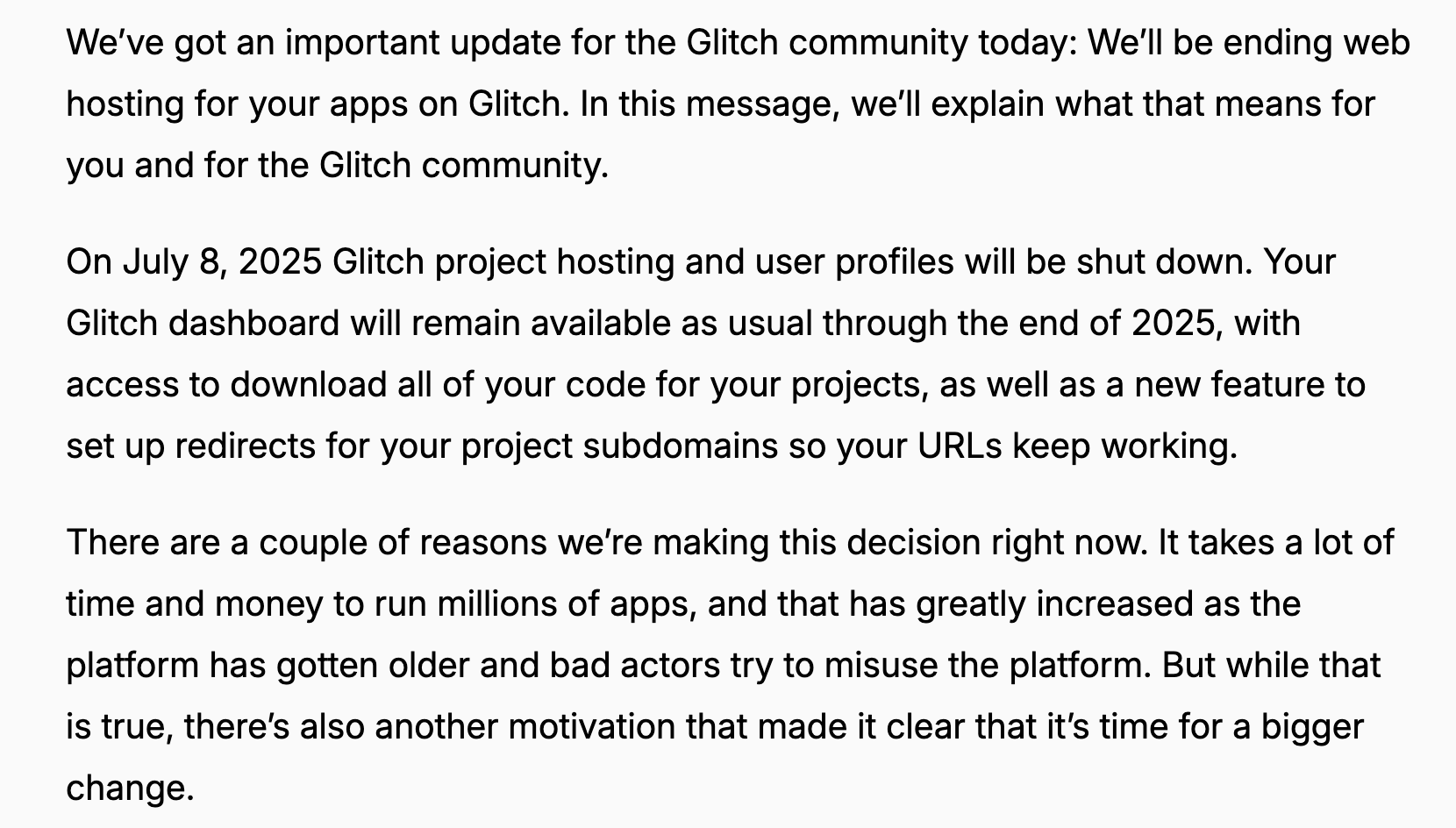 Screenshot of Glitch’s announcement that they are ending their web app hosting service.