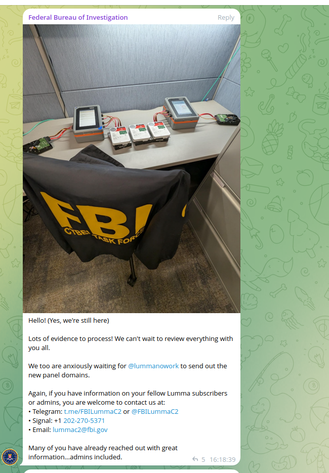 FBI message to the LummaC2 Telegram group